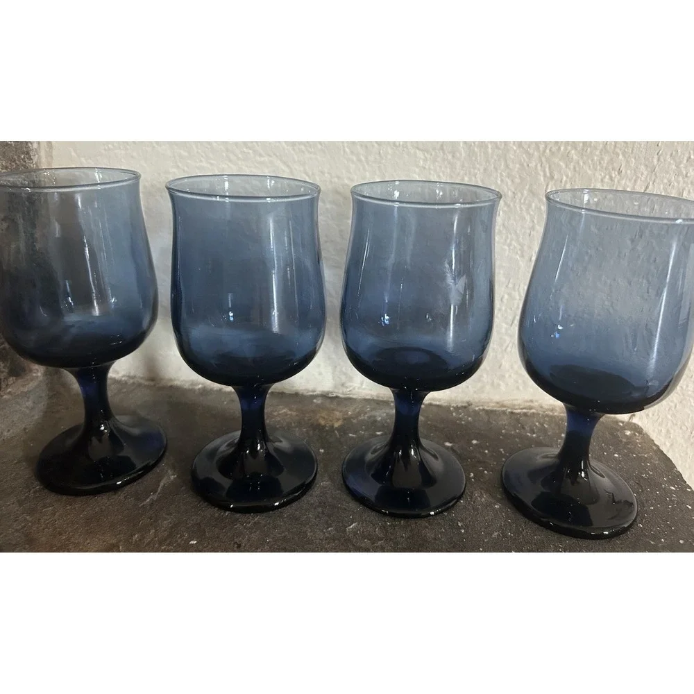 4 Vintage Libbey Connoisseur Dusky Blue Tulip Wine Glasses 6.5